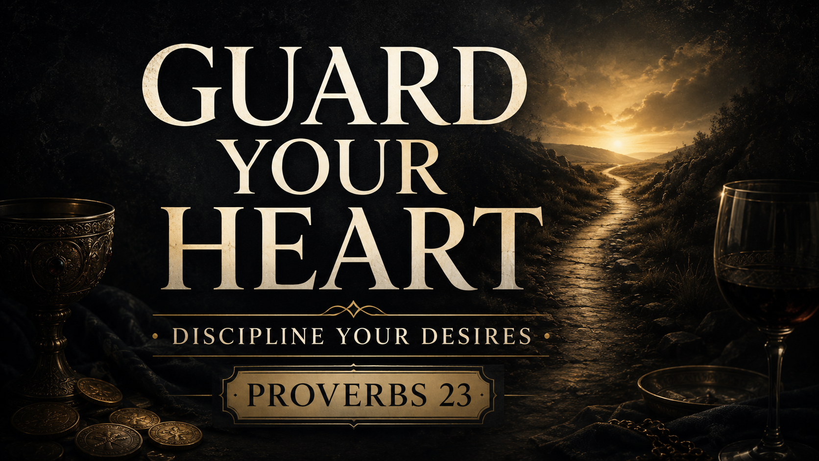 Dark charcoal and muted-gold Proverbs 23 thumbnail featuring a narrow path toward golden light, scattered coins and wine imagery, with the text “Guard Your Heart: Discipline Your Desires.