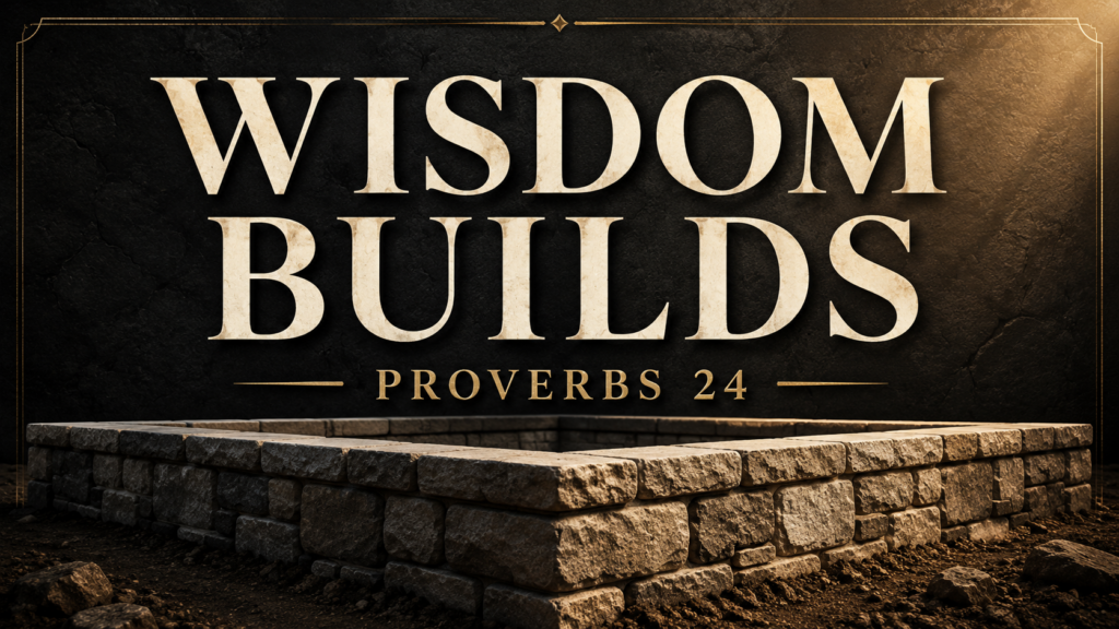 Proverbs 24: Wisdom Builds a Strong and Lasting Life 2 Stone foundation beneath bold cream text reading “WISDOM BUILDS,” with “PROVERBS 24” in gold against a dark charcoal background.