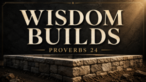 Stone foundation beneath bold cream text reading “WISDOM BUILDS,” with “PROVERBS 24” in gold against a dark charcoal background.
