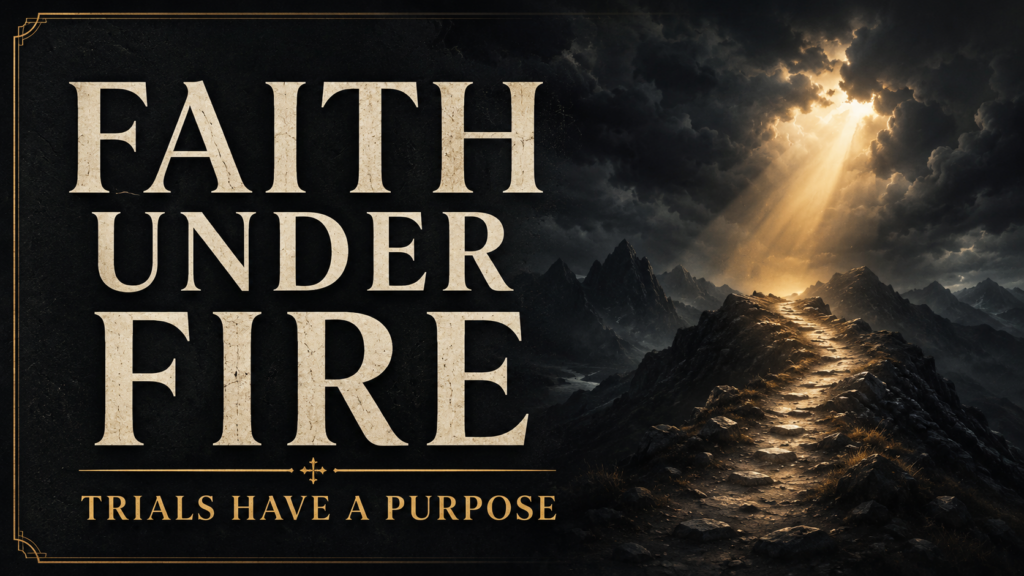 Faith Under Fire thumbnail featuring a rugged mountain path beneath dark storm clouds, illuminated by golden light, with the words “Trials Have a Purpose.