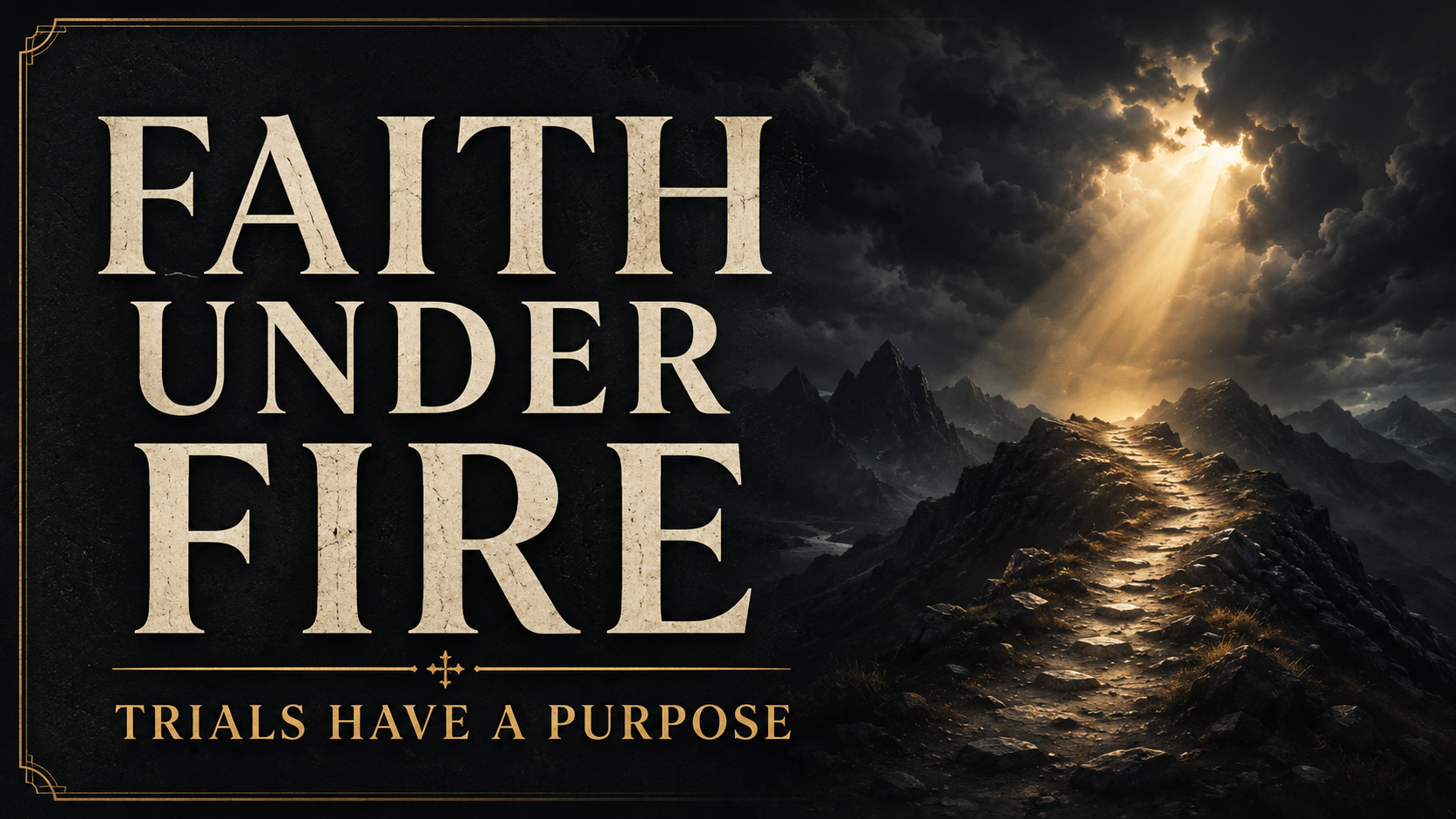 Faith Under Fire thumbnail featuring a rugged mountain path beneath dark storm clouds, illuminated by golden light, with the words “Trials Have a Purpose.
