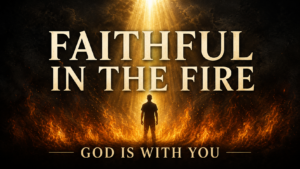 A lone figure stands amid glowing flames beneath a beam of golden light, with the words “Faithful in the Fire” and “God Is With You.