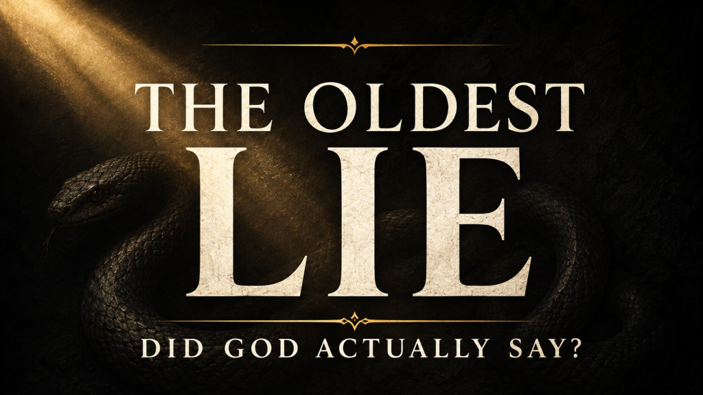 The Oldest Lie Still Deceives: Satan’s Attack on God’s Word 2 Dark charcoal thumbnail with a shadowed coiled serpent, muted gold light, and cream serif text reading “The Oldest Lie” and “Did God Actually Say?