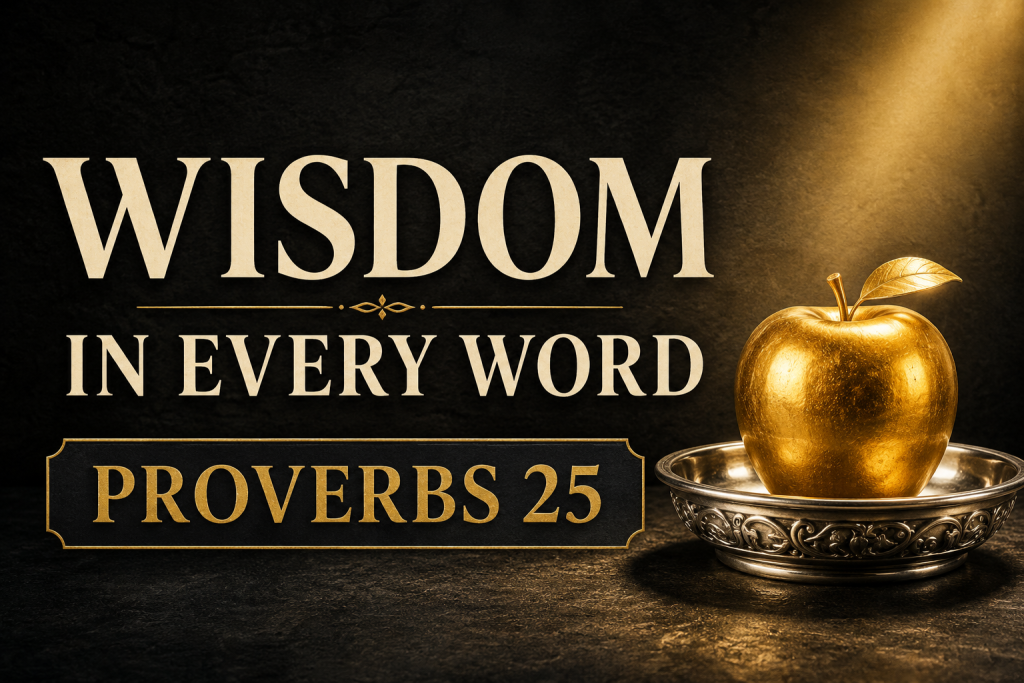 Golden apple resting in an ornate silver dish beneath warm light, with the words “Wisdom in Every Word” and “Proverbs 25” on a dark charcoal background.
