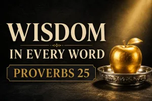 Golden apple resting in an ornate silver dish beneath warm light, with the words “Wisdom in Every Word” and “Proverbs 25” on a dark charcoal background.