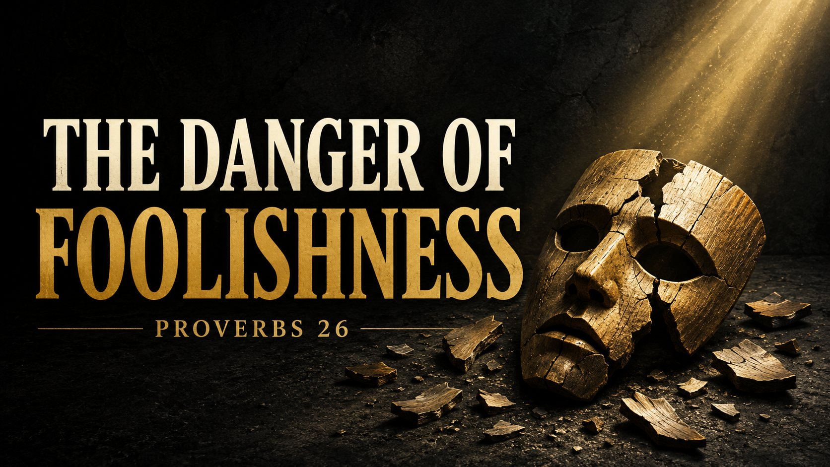 The Danger of Foolishness from Proverbs 26, featuring a cracked wooden mask surrounded by broken pieces under a golden beam of light.
