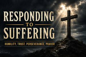 A dramatic storm-lit cross anchors the thumbnail, with bold cream lettering and muted gold accents emphasizing steadfast faith through suffering.