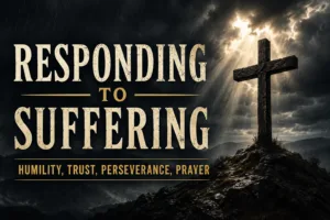 A dramatic storm-lit cross anchors the thumbnail, with bold cream lettering and muted gold accents emphasizing steadfast faith through suffering.