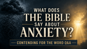 Dark storm clouds and tangled lines transition into golden light beside the words, “What Does the Bible Say About Anxiety? Contending for the Word Q&A.