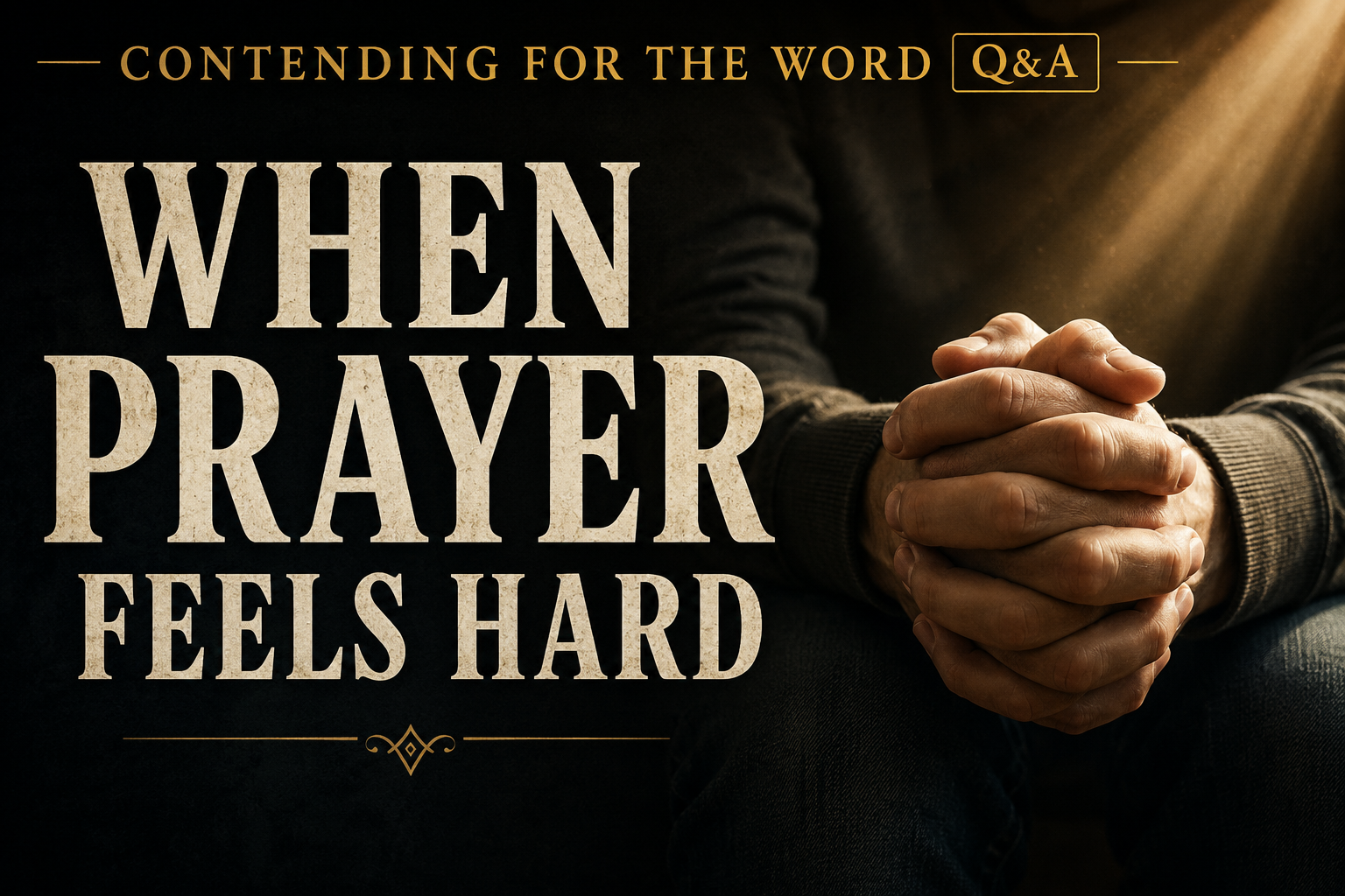 Clasped hands in prayer illuminated by warm golden light beside the words “When Prayer Feels Hard” on a dark background.