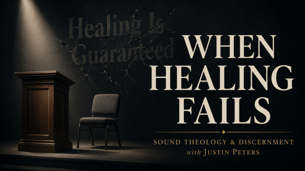 Kenneth Copeland’s Health Decline and the Failure of Word of Faith Theology 1 Dark church stage with an empty wooden pulpit and chair beneath a spotlight beside the words “When Healing Fails,” with “Healing Is Guaranteed” cracked in the background.