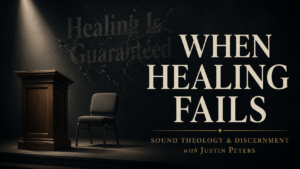 Dark church stage with an empty wooden pulpit and chair beneath a spotlight beside the words “When Healing Fails,” with “Healing Is Guaranteed” cracked in the background.
