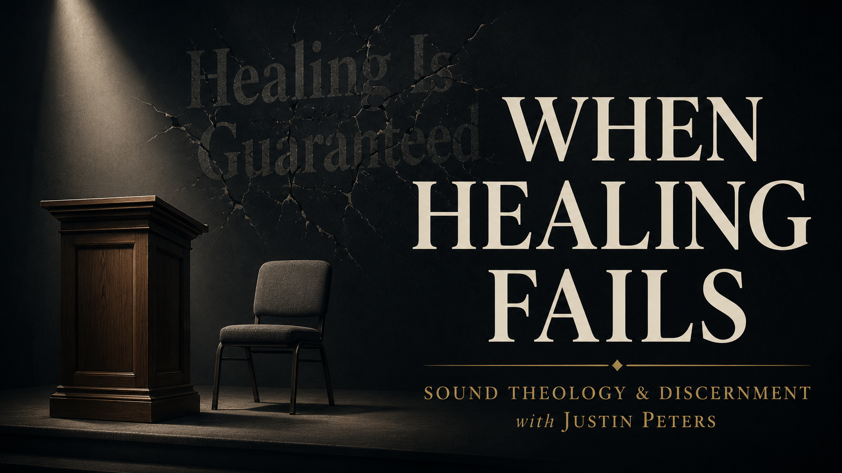 Dark church stage with an empty wooden pulpit and chair beneath a spotlight beside the words “When Healing Fails,” with “Healing Is Guaranteed” cracked in the background.