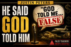 YouTube thumbnail featuring the words “He Said God Told Him,” a microphone, a cracked speech bubble stamped “False,” stacks of money, a private jet, and a warning about greedy and deceitful false teachers.
