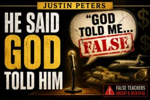 YouTube thumbnail featuring the words “He Said God Told Him,” a microphone, a cracked speech bubble stamped “False,” stacks of money, a private jet, and a warning about greedy and deceitful false teachers.