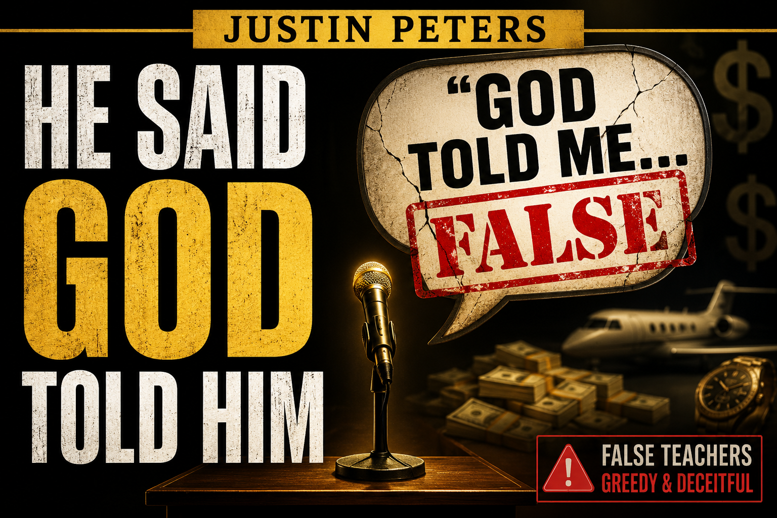 YouTube thumbnail featuring the words “He Said God Told Him,” a microphone, a cracked speech bubble stamped “False,” stacks of money, a private jet, and a warning about greedy and deceitful false teachers.