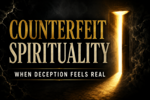 Counterfeit Spirituality thumbnail featuring bold gold and cream text beside a glowing doorway surrounded by darkness and smoke, with the words “When Deception Feels Real.