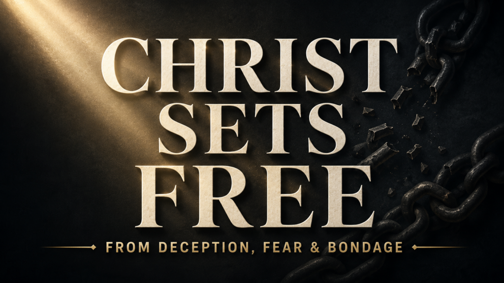 Cream serif text reading “Christ Sets Free” illuminated by a muted-gold beam against a dark charcoal background, with broken chains and the words “From Deception, Fear & Bondage
