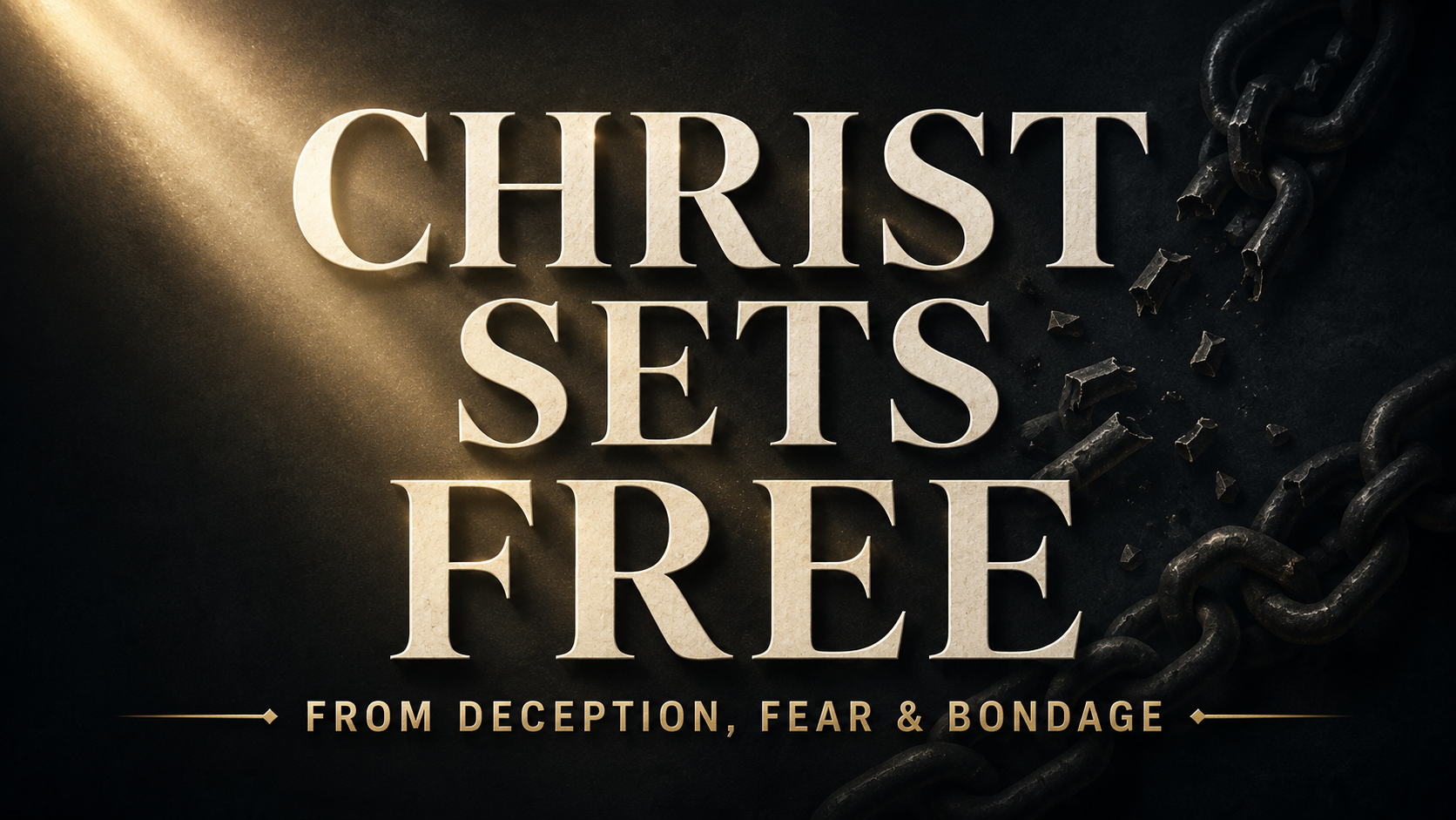Cream serif text reading “Christ Sets Free” illuminated by a muted-gold beam against a dark charcoal background, with broken chains and the words “From Deception, Fear & Bondage