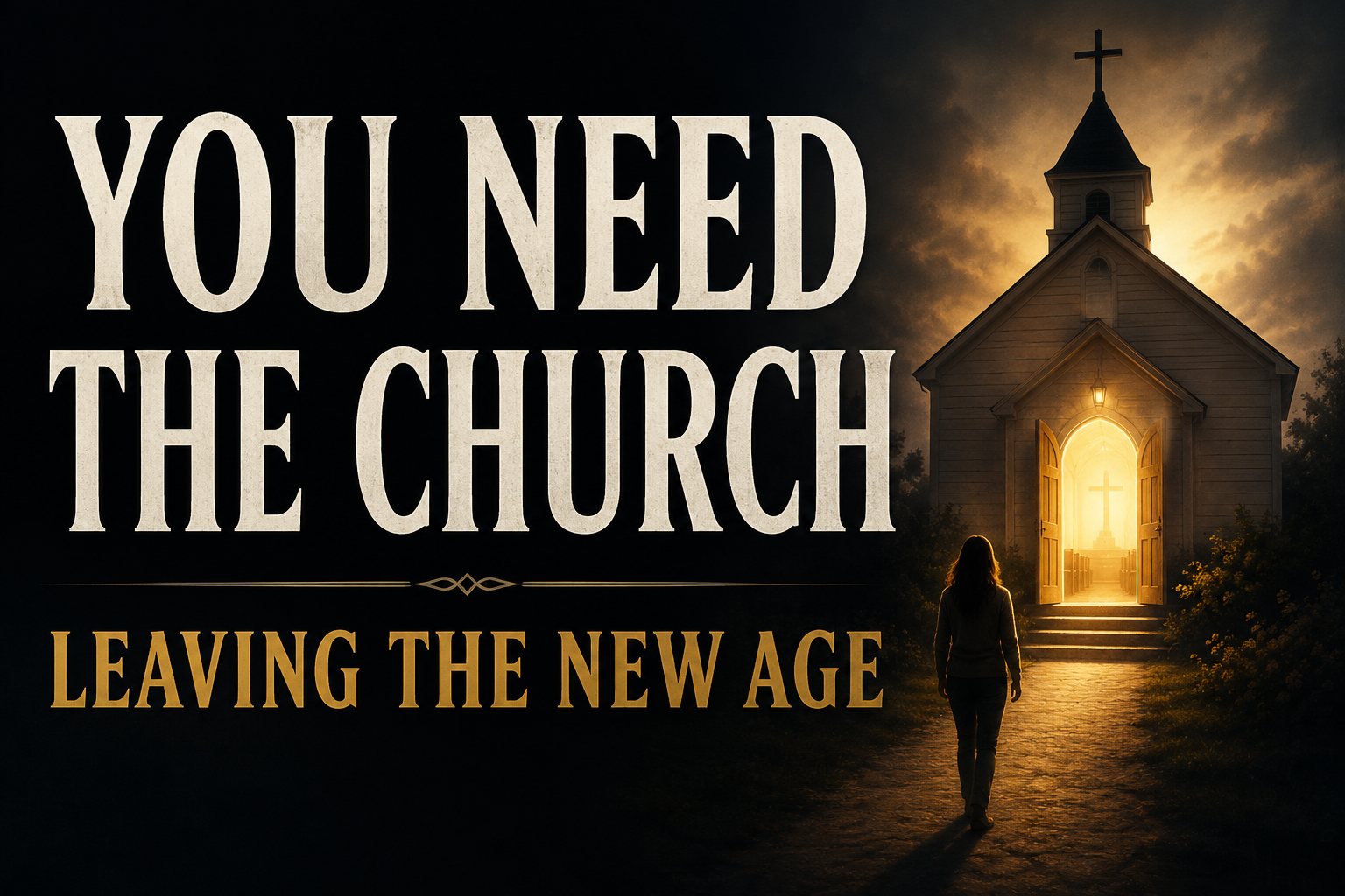 Silhouetted woman walking toward a warmly lit church beneath the words “You Need the Church” and “Leaving the New Age.