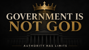 Dark Christian podcast thumbnail with a shadowed government building beneath a gold crown and bold text reading, “Government Is Not God: Authority Has Limits.