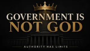 Dark Christian podcast thumbnail with a shadowed government building beneath a gold crown and bold text reading, “Government Is Not God: Authority Has Limits.