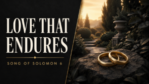 Gold wedding bands on stone in a garden at dawn with the text “Love That Endures, Song of Solomon 6.”