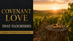 Golden wedding bands resting on a vineyard post at sunrise, with the text “Covenant Love That Flourishes.
