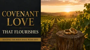 Golden wedding bands resting on a vineyard post at sunrise, with the text “Covenant Love That Flourishes.