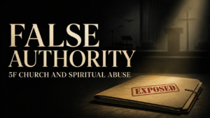False Authority thumbnail featuring a shadowed church stage, an exposed document file, and the text “5F Church and Spiritual Abuse.