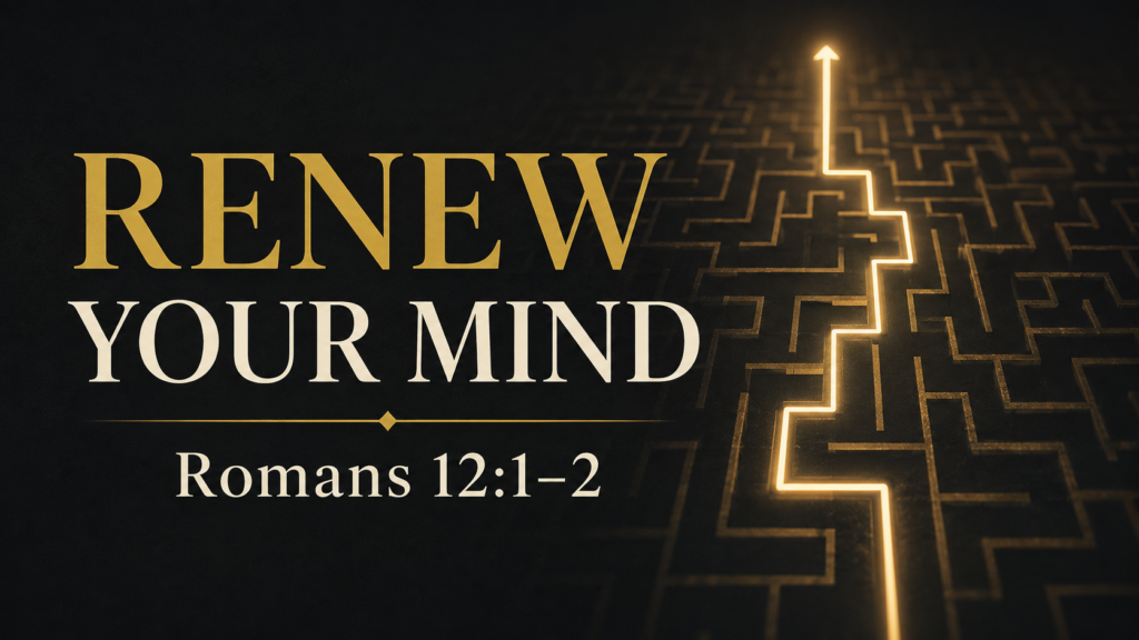 Renewed Minds: Resisting Conformity to the World 1 Dark charcoal maze with a glowing gold path leading upward beside the words “Renew Your Mind” and “Romans 12:1–2.