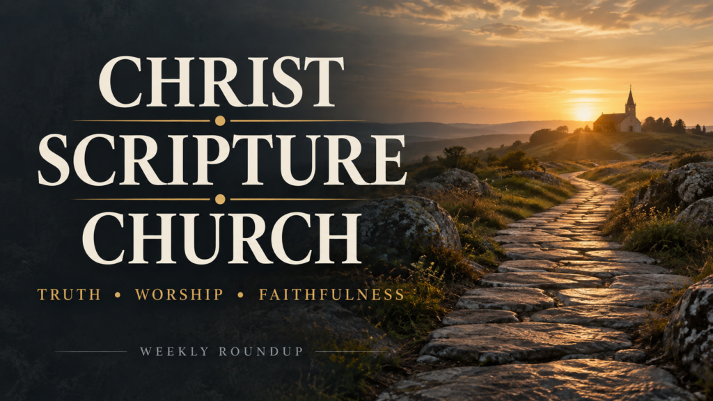 Christ, Scripture, and the Church: Truth, Worship, and Faithful Christian Living | September 6–12, 2026 1 Christ, Scripture, and Church in large cream serif text beside a stone path leading toward a church at sunset, with the subtitle Truth, Worship, Faithfulness.