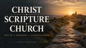 Christ, Scripture, and Church in large cream serif text beside a stone path leading toward a church at sunset, with the subtitle Truth, Worship, Faithfulness.