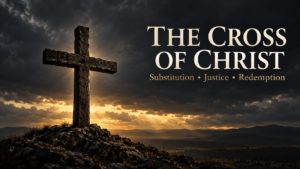 Wooden cross silhouetted against a deep charcoal sky with muted-gold light, featuring the title “The Cross of Christ.