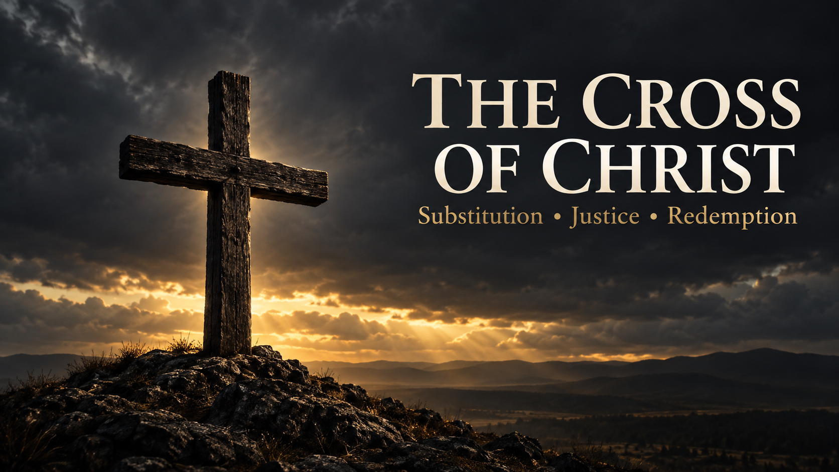 Wooden cross silhouetted against a deep charcoal sky with muted-gold light, featuring the title “The Cross of Christ.