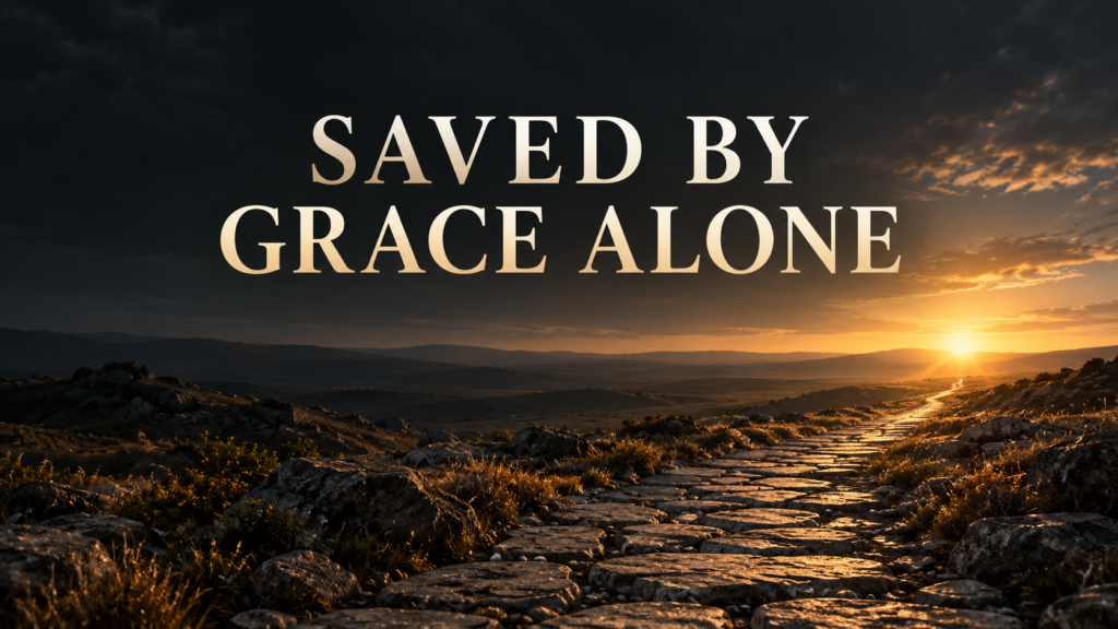 Saved by Grace Alone: God’s Work From Beginning to End 1 Saved by Grace Alone thumbnail featuring warm golden light across a stone path against a deep charcoal background.