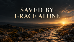 Saved by Grace Alone thumbnail featuring warm golden light across a stone path against a deep charcoal background.