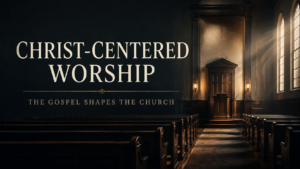 Dark church sanctuary with wooden pews and a warmly lit pulpit, featuring the text “Christ-Centered Worship: The Gospel Shapes the Church.