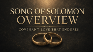 Gold interlocking wedding bands on a charcoal textured background with the text “Song of Solomon Overview: Covenant Love That Endures