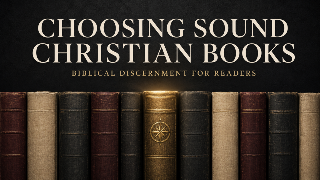 Closed vintage Christian books on a shelf beneath the title “Choosing Sound Christian Books,” with one gold-highlighted book representing biblical discernment.