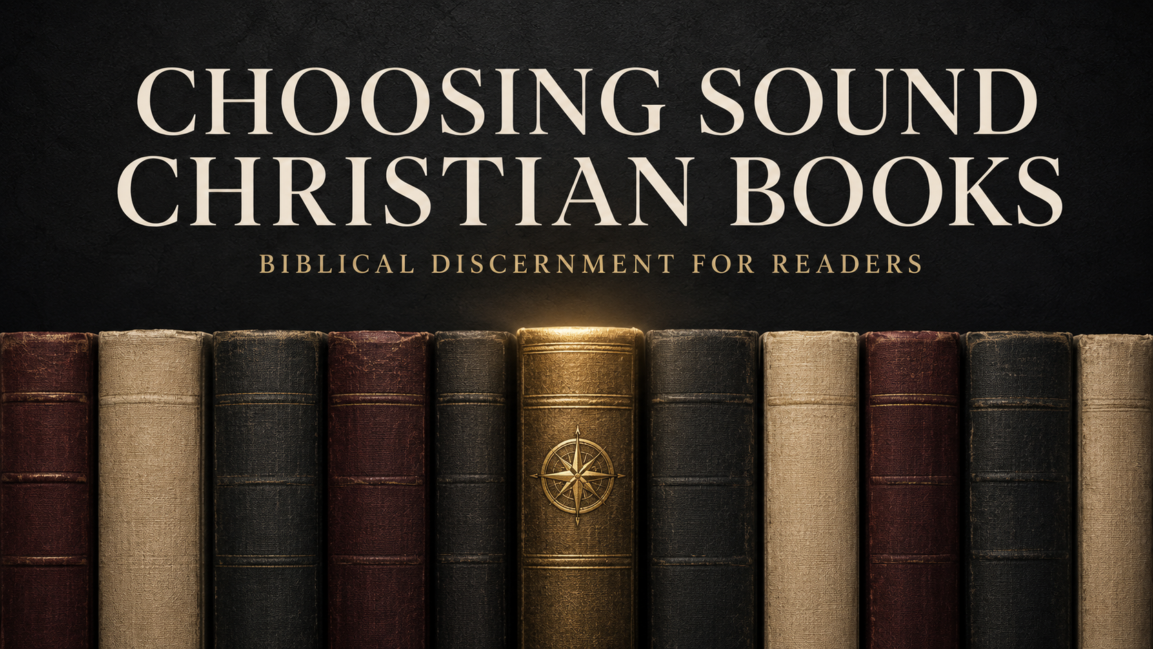 Closed vintage Christian books on a shelf beneath the title “Choosing Sound Christian Books,” with one gold-highlighted book representing biblical discernment.