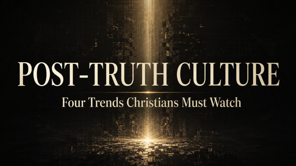 Post-truth culture thumbnail with a gold beam of light breaking through a dark fragmented digital grid.