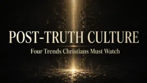 Post-truth culture thumbnail with a gold beam of light breaking through a dark fragmented digital grid.
