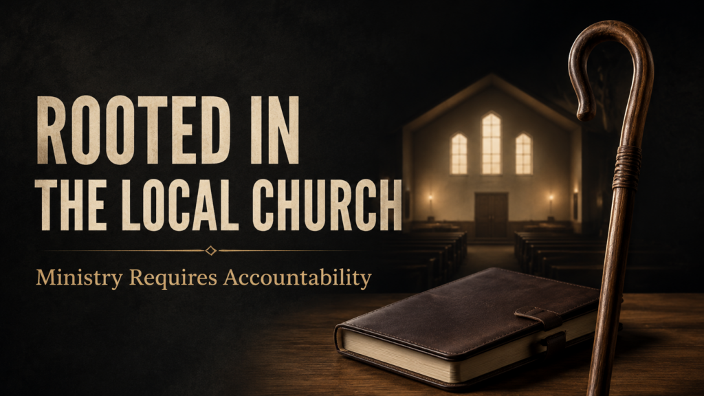 Why Every Man in Ministry Must Be Rooted in the Local Church 3 Shepherd’s staff and closed journal before a warmly lit church sanctuary, representing rooted and accountable ministry in the local church.