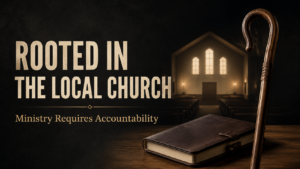 Shepherd’s staff and closed journal before a warmly lit church sanctuary, representing rooted and accountable ministry in the local church.