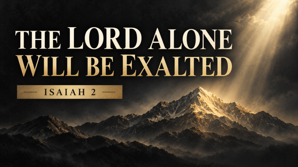 Isaiah 2 thumbnail with the words ‘The Lord Alone Will Be Exalted’ above a gold-lit mountain against a deep charcoal sky.