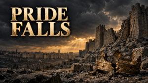 Broken crown before a crumbling ancient city wall beneath dark storm clouds and golden light, with the words “PRIDE FALLS.