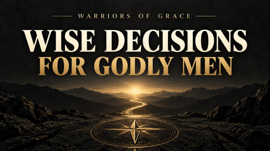 Warriors of Grace thumbnail reading “Wise Decisions for Godly Men,” with a gold compass, mountain path, and sunrise against a deep charcoal background.