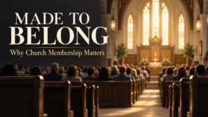 Warmly lit church sanctuary filled with a gathered congregation, with the words “Made to Belong: Why Church Membership Matters.