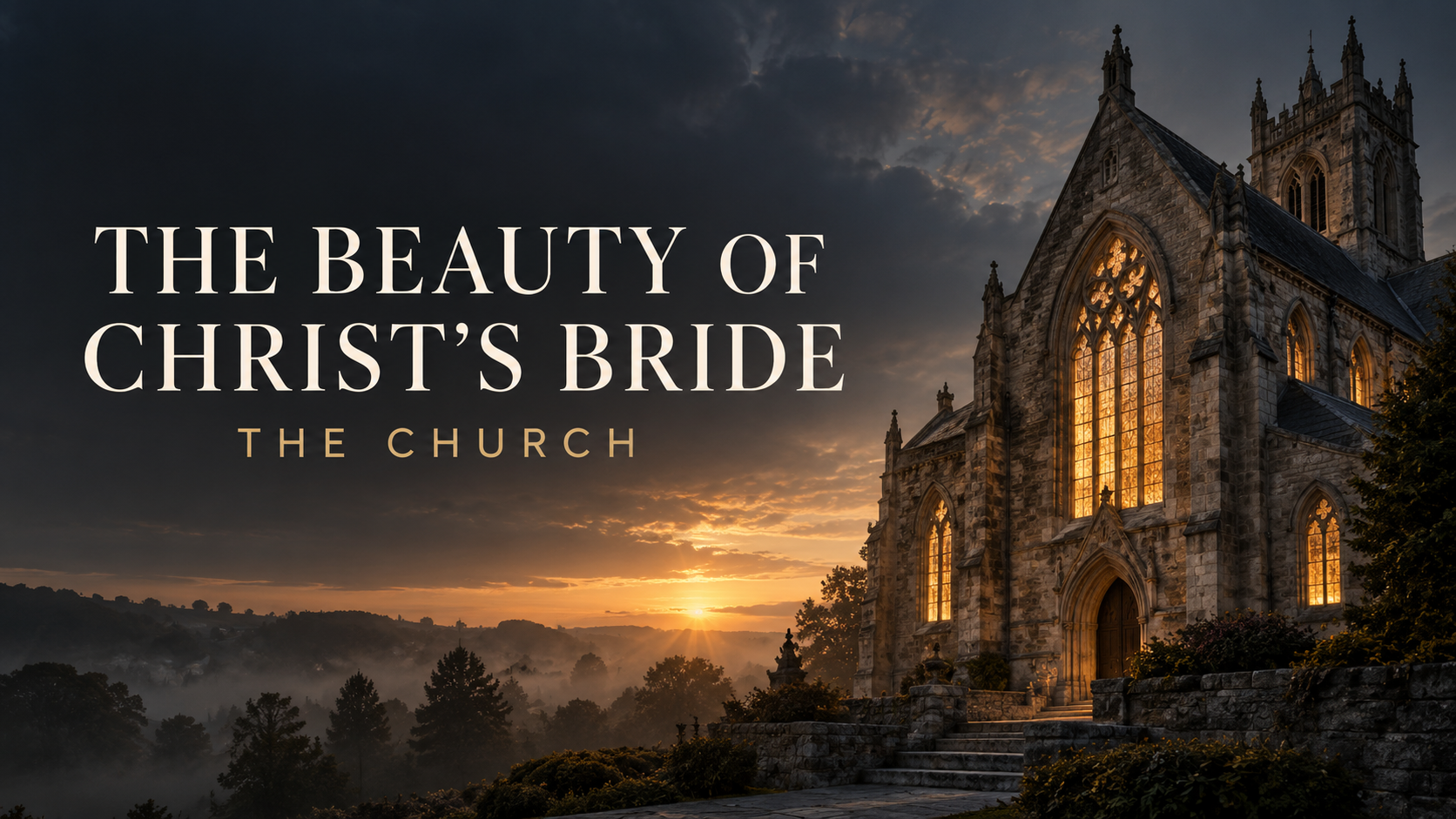 Historic church glowing with warm light at dawn beneath the title “The Beauty of Christ’s Bride: The Church.